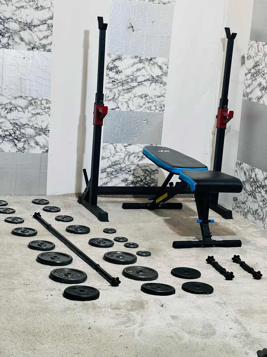 CAST IRON WEIGHTS BENCH BARBELL RACK DUMBLES - Image 1