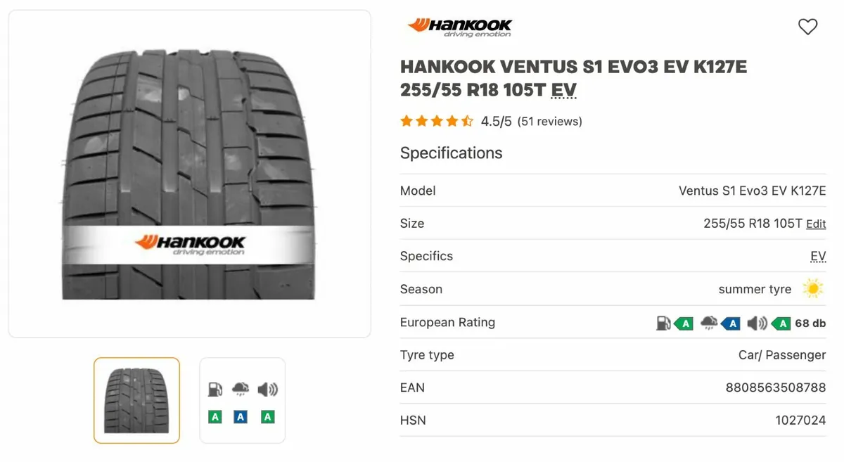 2 x Hankook Ventus S1 Evo3 EV K127E 255/55 R18 105 - Image 1