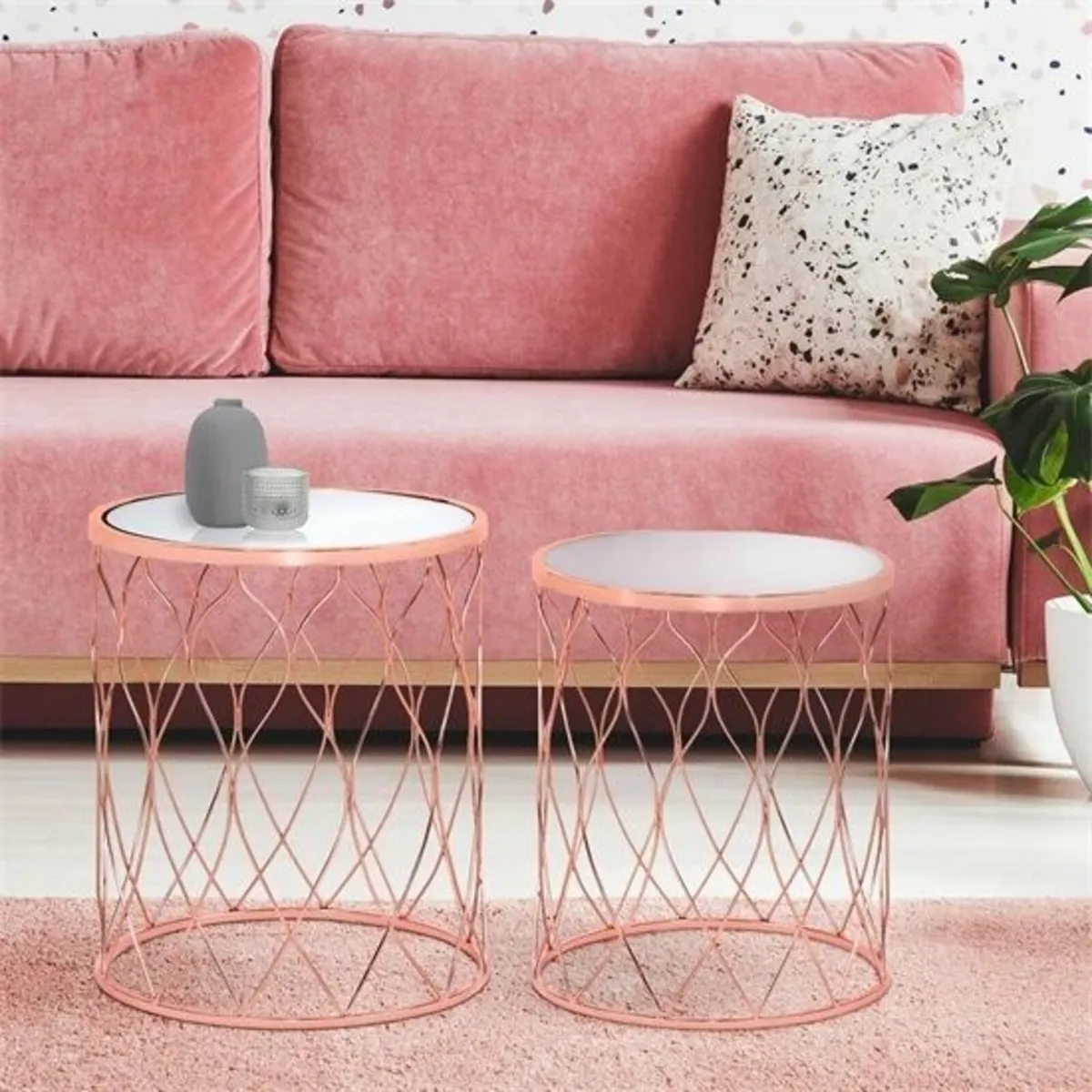 Copper Side Table Set of 2 with Mirror Glass Tops - Image 1