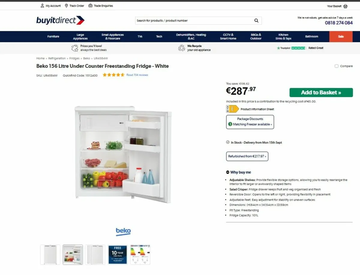 Beko 156L Under Counter Freezer & Fridge - Image 1