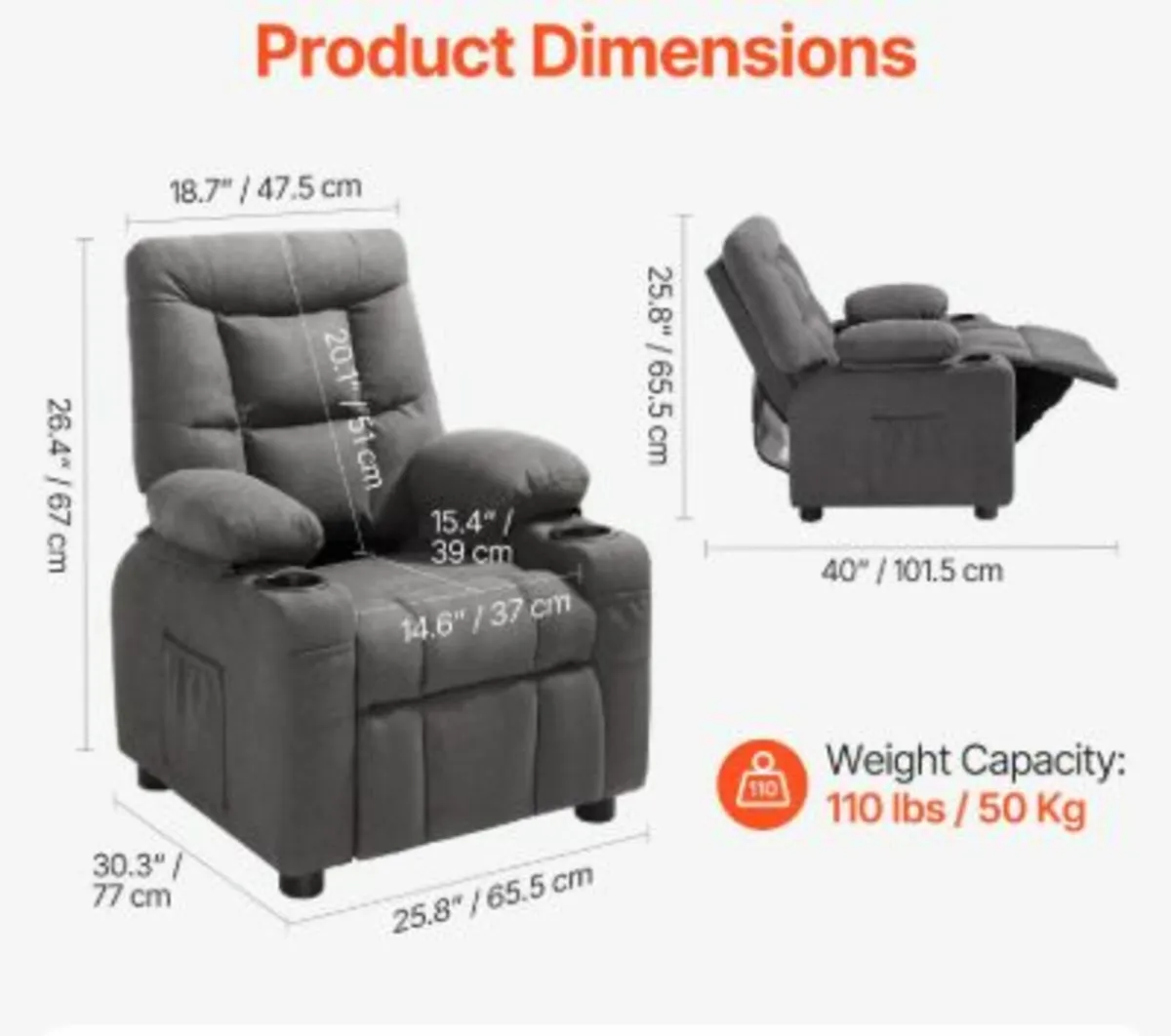 Kids Reclining Chair Toddler Recliner with Cup - Image 2