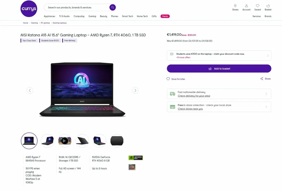 MSI Gaming Laptop  Ryzen 7, RTX 4060, 1 TB SSD - Image 1