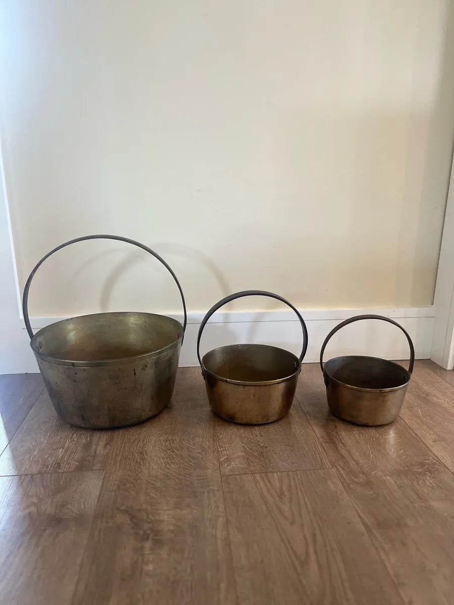 Antique Graduating English Brass Preserving Pots - Image 1