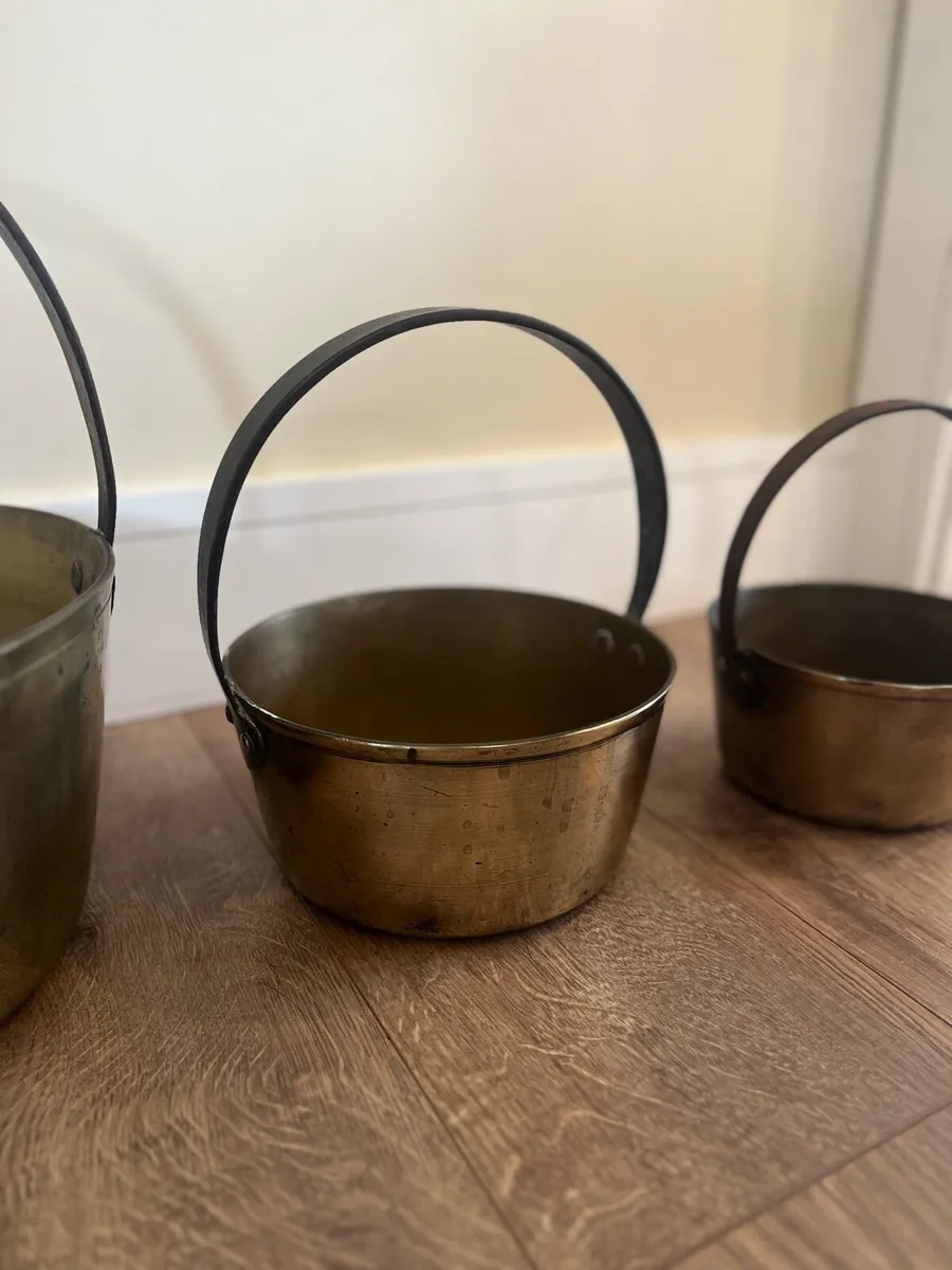 Antique Graduating English Brass Preserving Pots - Image 3