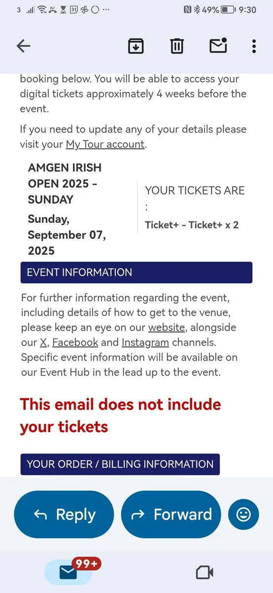 Irish Open+ 2 tickets.. SUNDAY