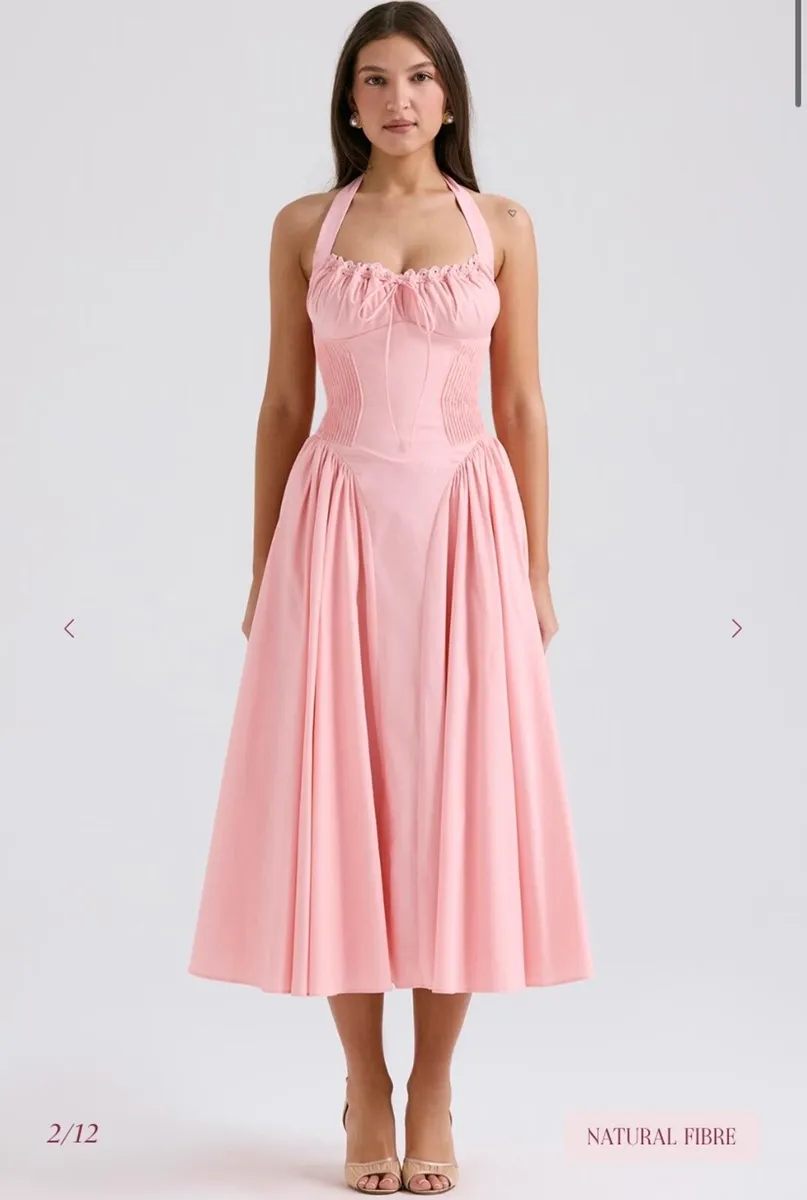 ADABELLA Rose Pink Cotton Halter Midi Sundress - Image 1