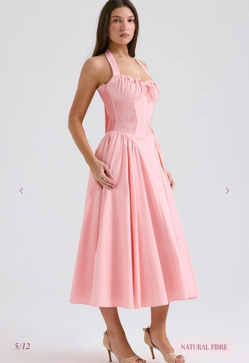 ADABELLA Rose Pink Cotton Halter Midi Sundress - Image 3