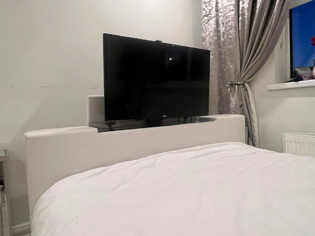 4ft6 Double White Faux Leather TV Bed Frame - Image 2