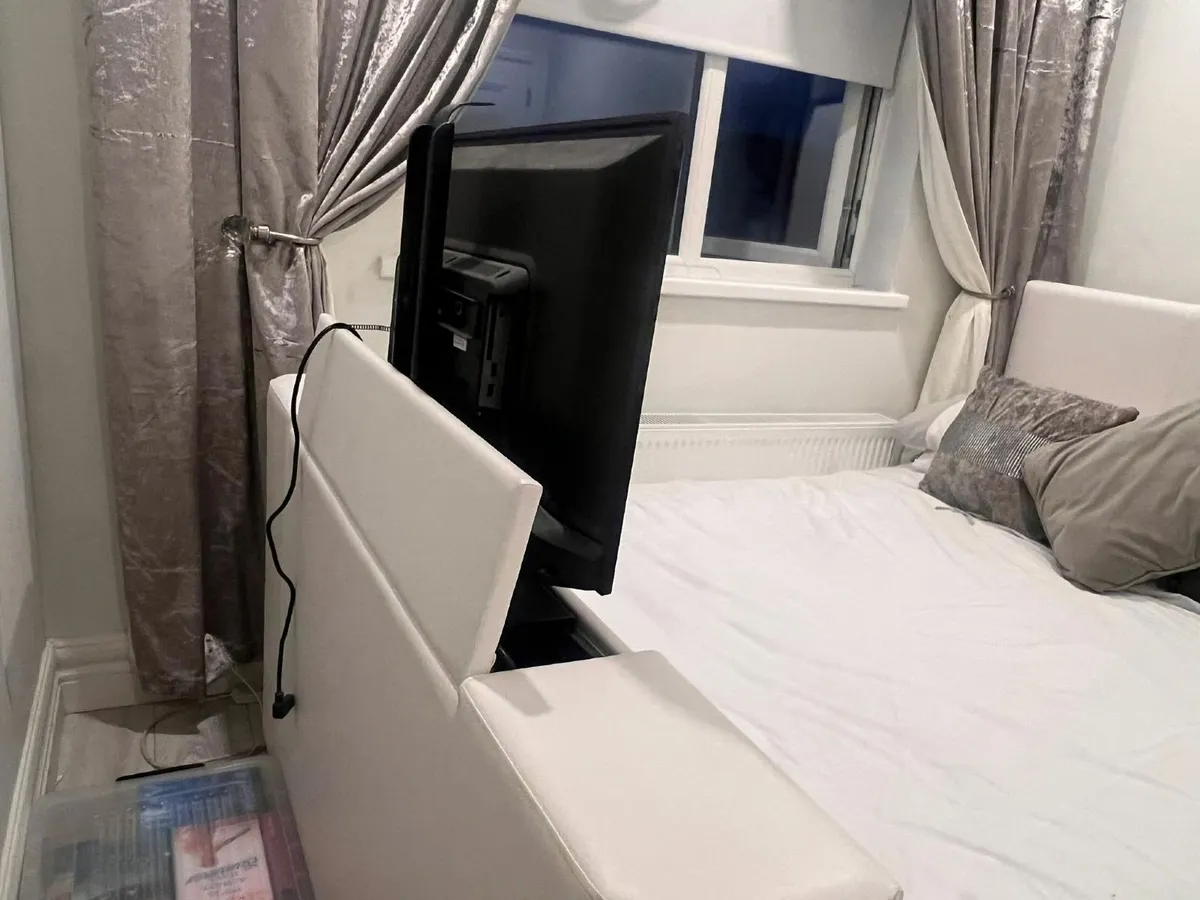 4ft6 Double White Faux Leather TV Bed Frame - Image 3