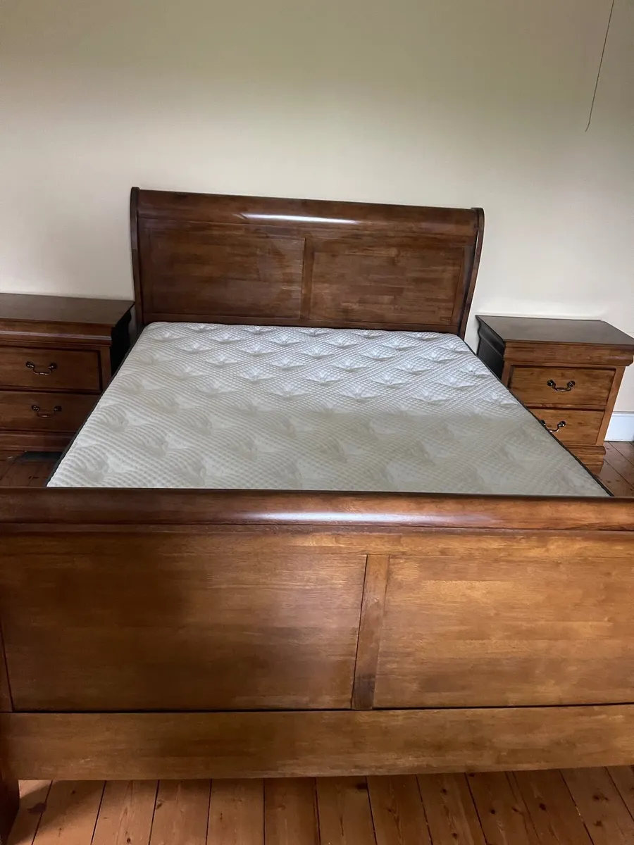 solid wood double bed, matress and 2 bedside table - Image 1