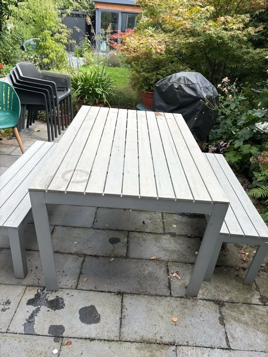 ikea outdoor table with 2 benches. In good condition apart from a few marks including a paint mark on table - Image 1