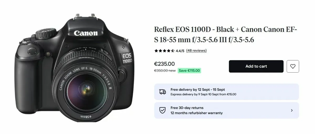 Reflex EOS 1100D - Black + Canon Canon (no battery - Image 1