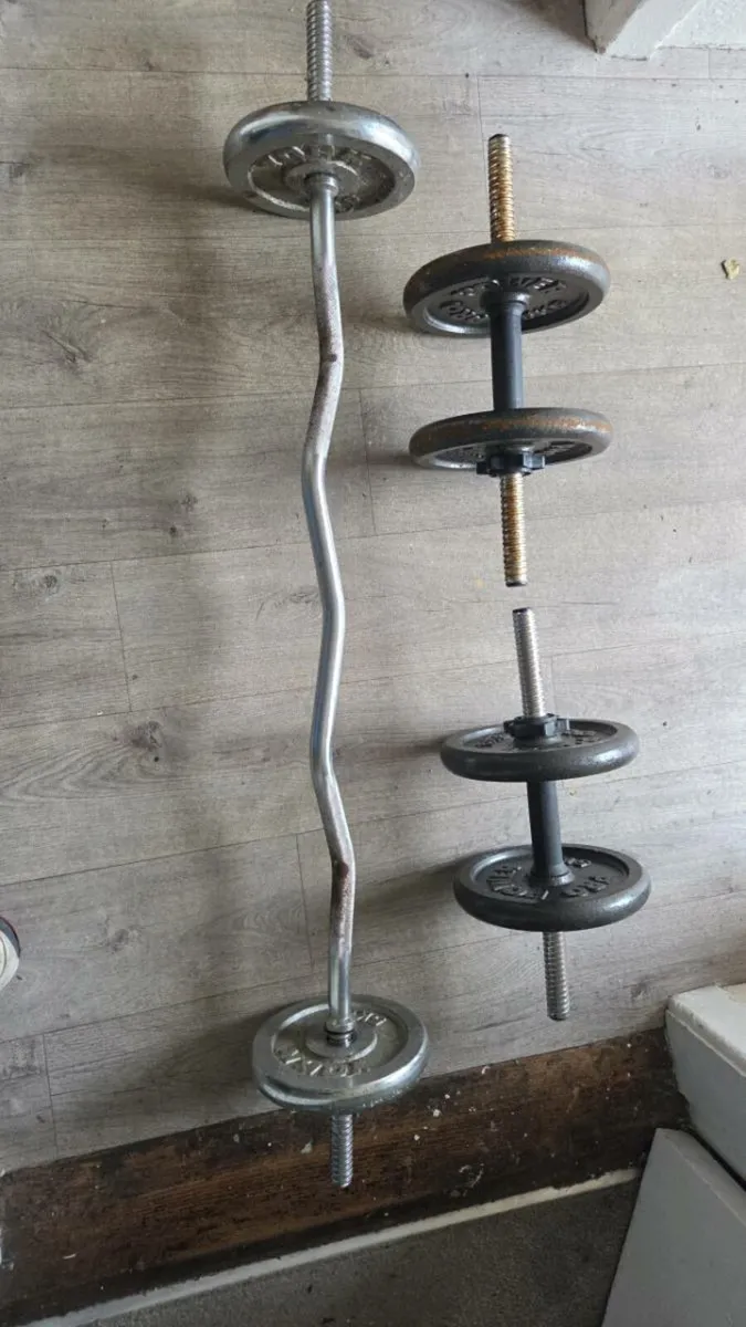 Curl bar and two dumbbells. 30kg in weights