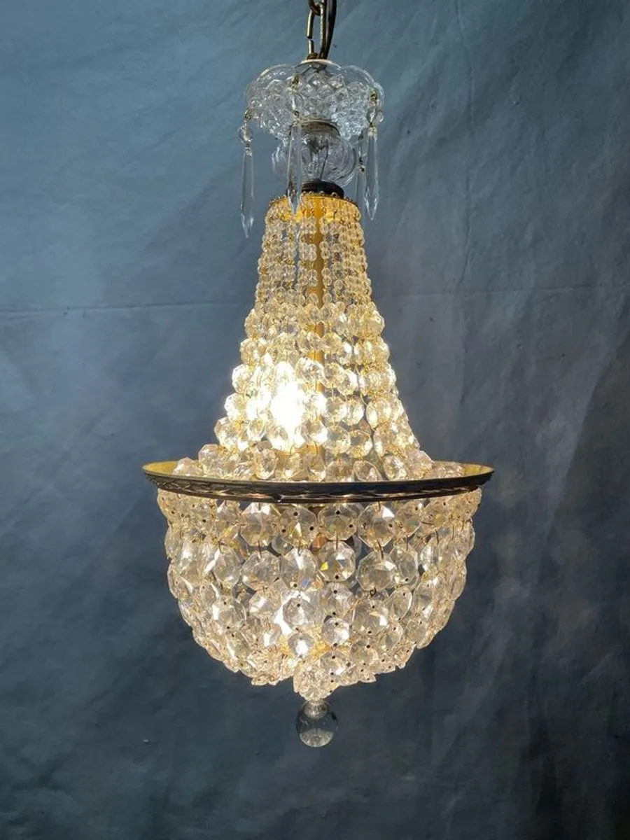 Vintage Brass & Crystal Basket Chandelier - Image 1