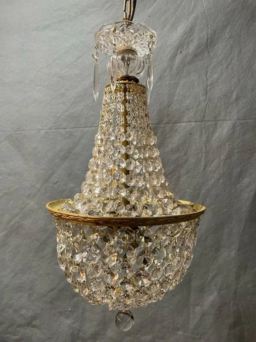Vintage Brass & Crystal Basket Chandelier - Image 2