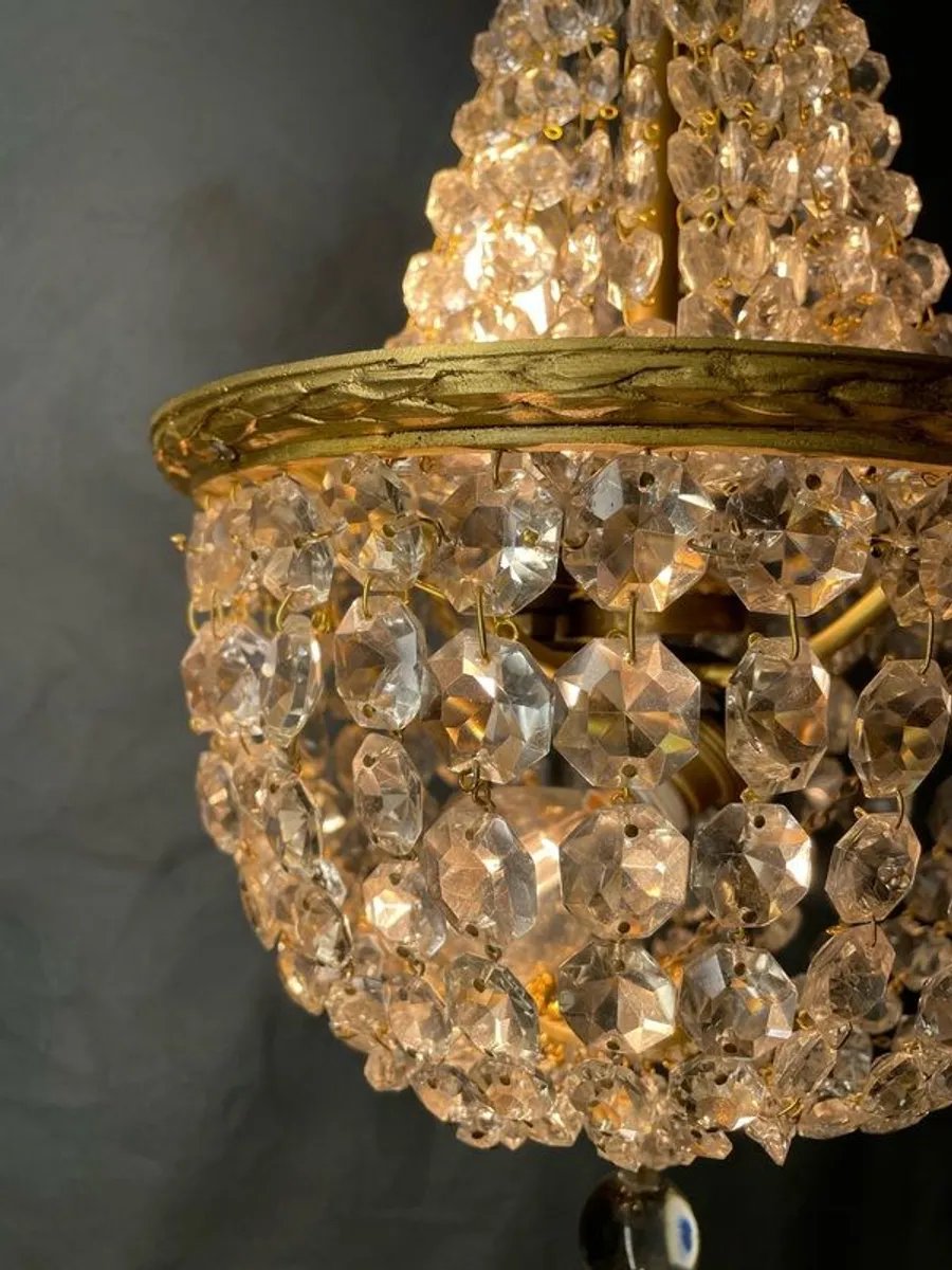 Vintage Brass & Crystal Basket Chandelier - Image 4