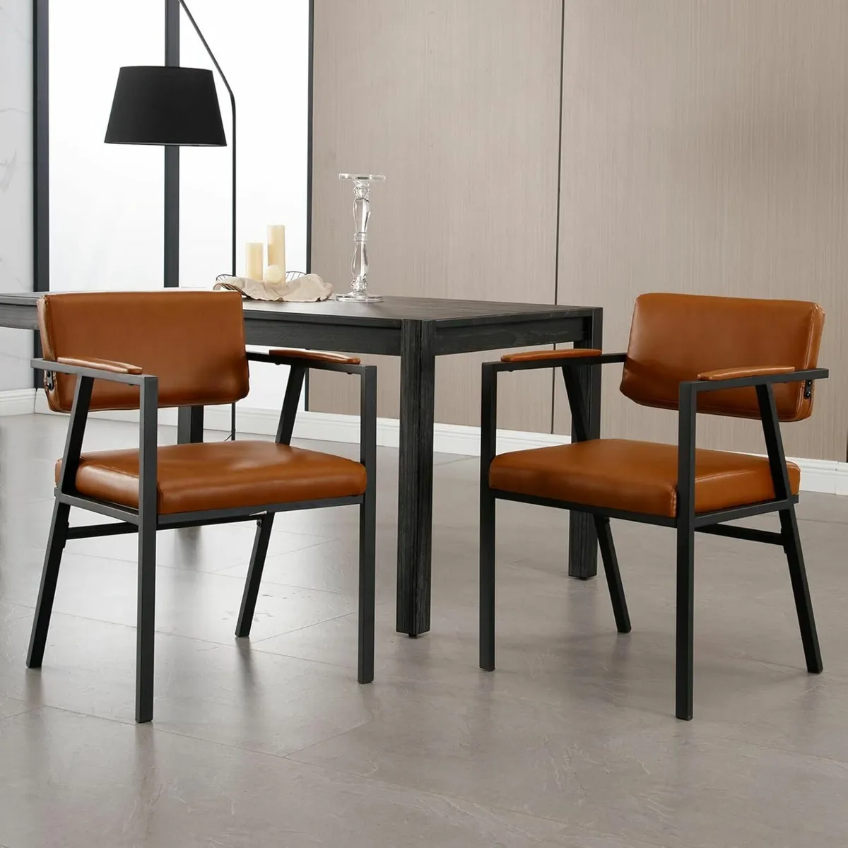 Set of 2 Brown PU Leather Dining Chairs with Armre - Image 1