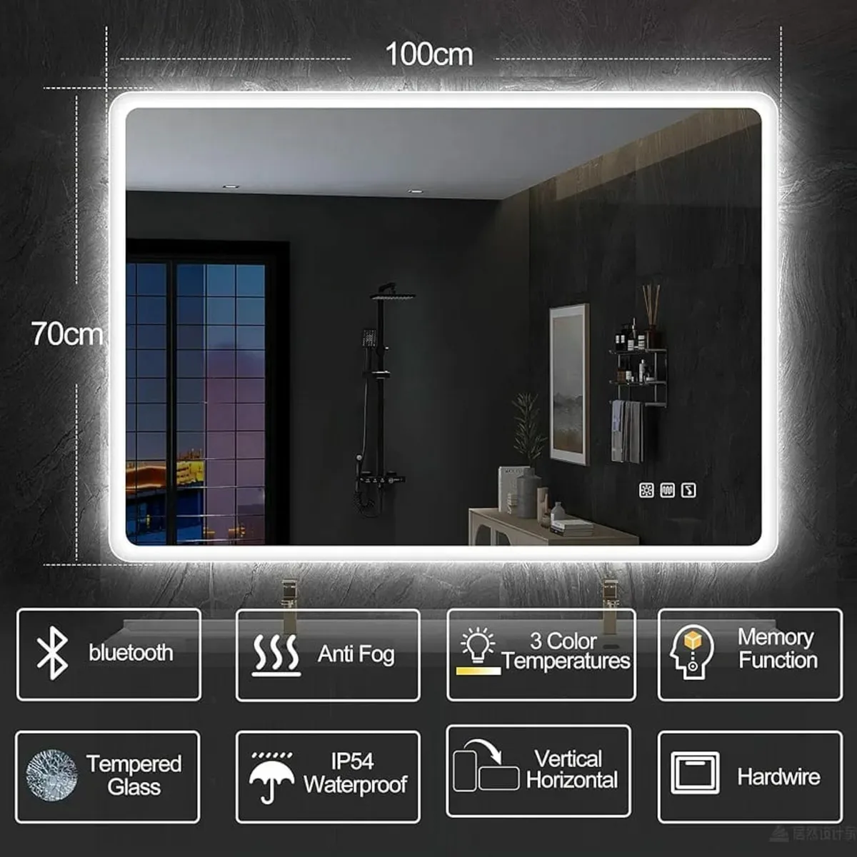 100x70cm Bathroom Mirror with Led Lights Wall-Moun - Image 2