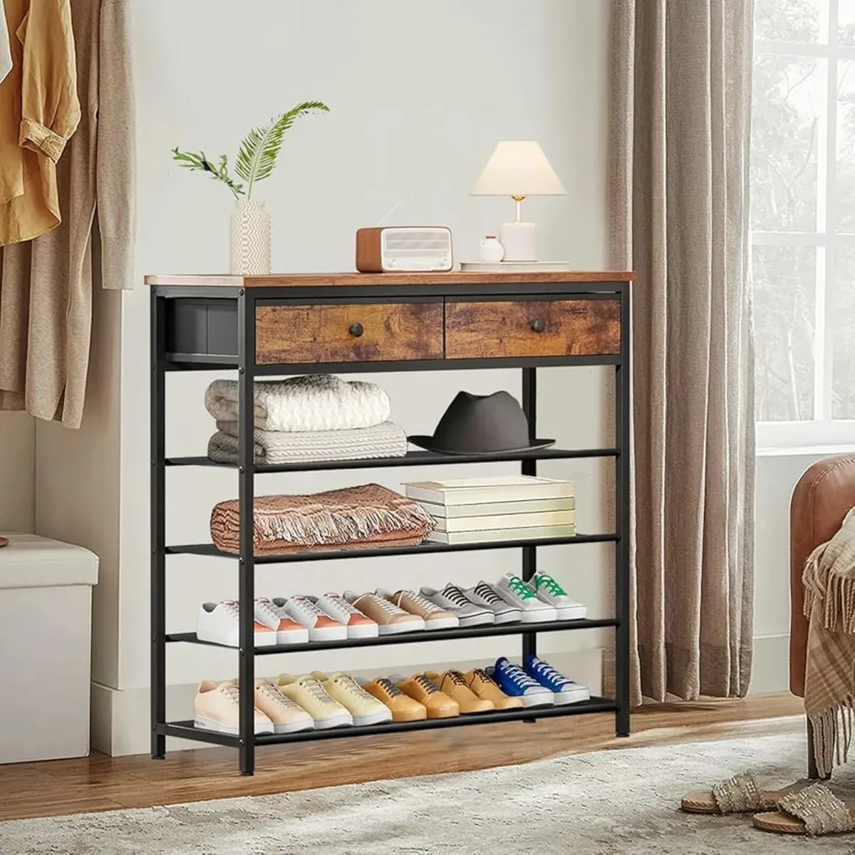 Shoe Rack, 5-Tier Shoe Storage Shelf with Wooden T - Image 3