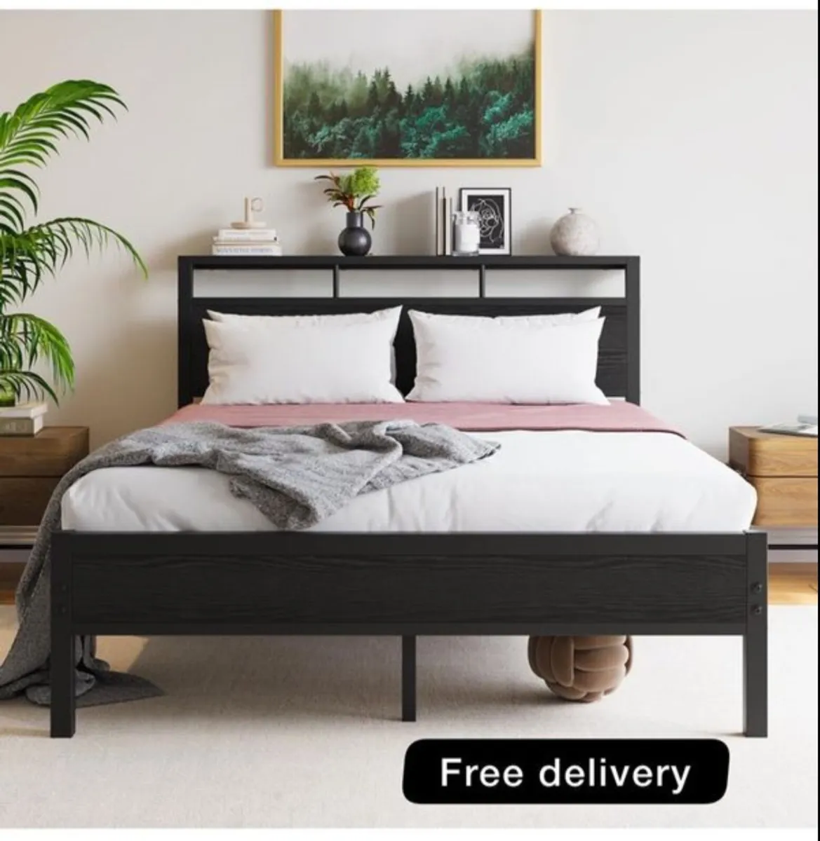 Double Bed Frame with Wooden Storage Headboard