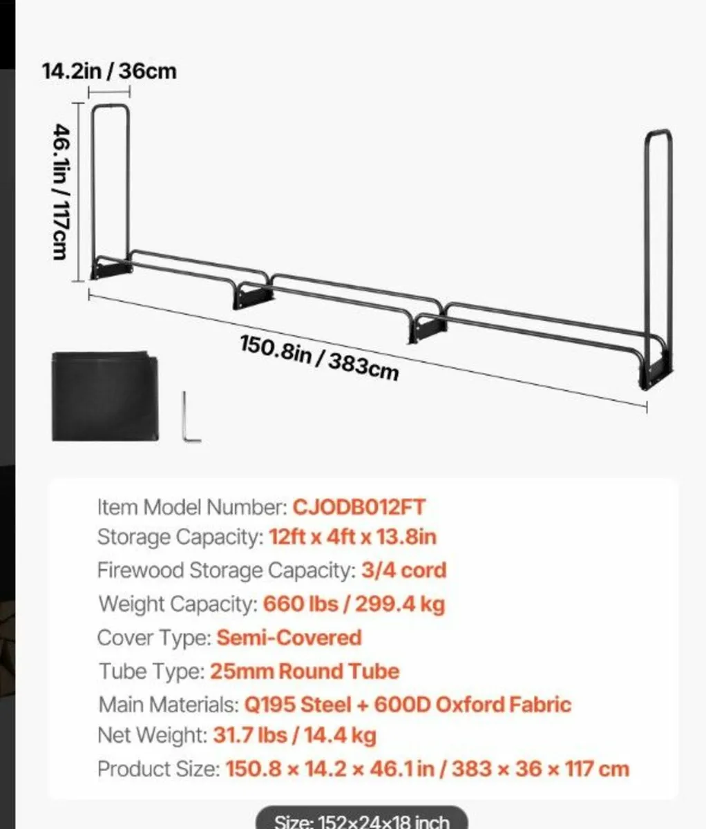 3.9m (12.6ft) Outdoor Firewood Rack  & Cover - Image 4