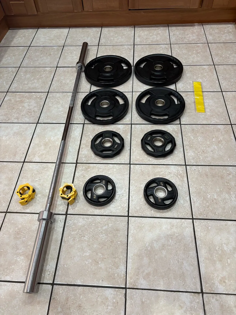 SUPERIOR URETHANE OLYMPIC WEIGHTS, + 6 FOOT BAR! - Image 1
