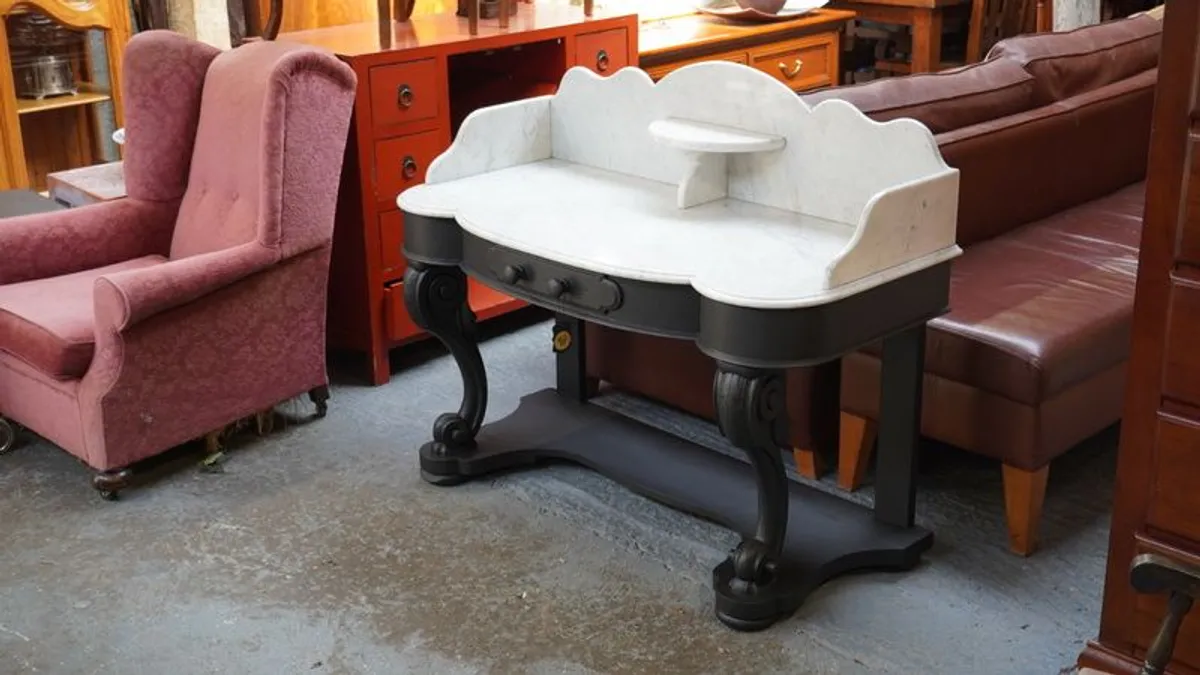 Antique Victorian Marble-Top Washstand / Console Table (Circa 1895) - Image 2
