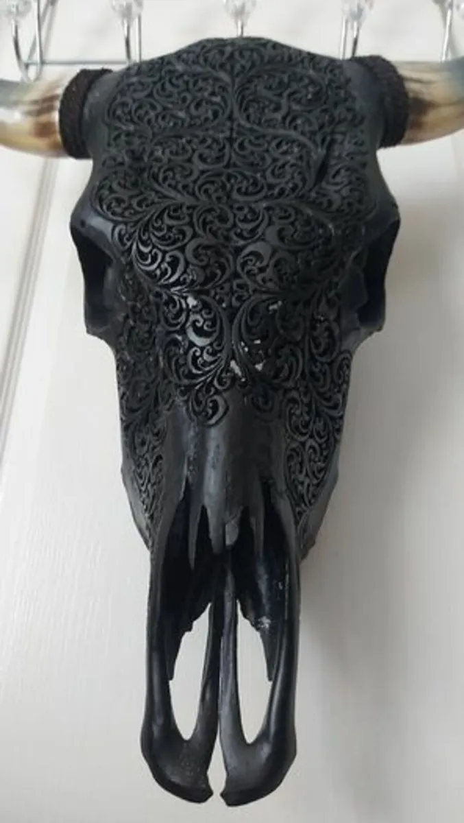 Carved Black Bull Skull - Image 2
