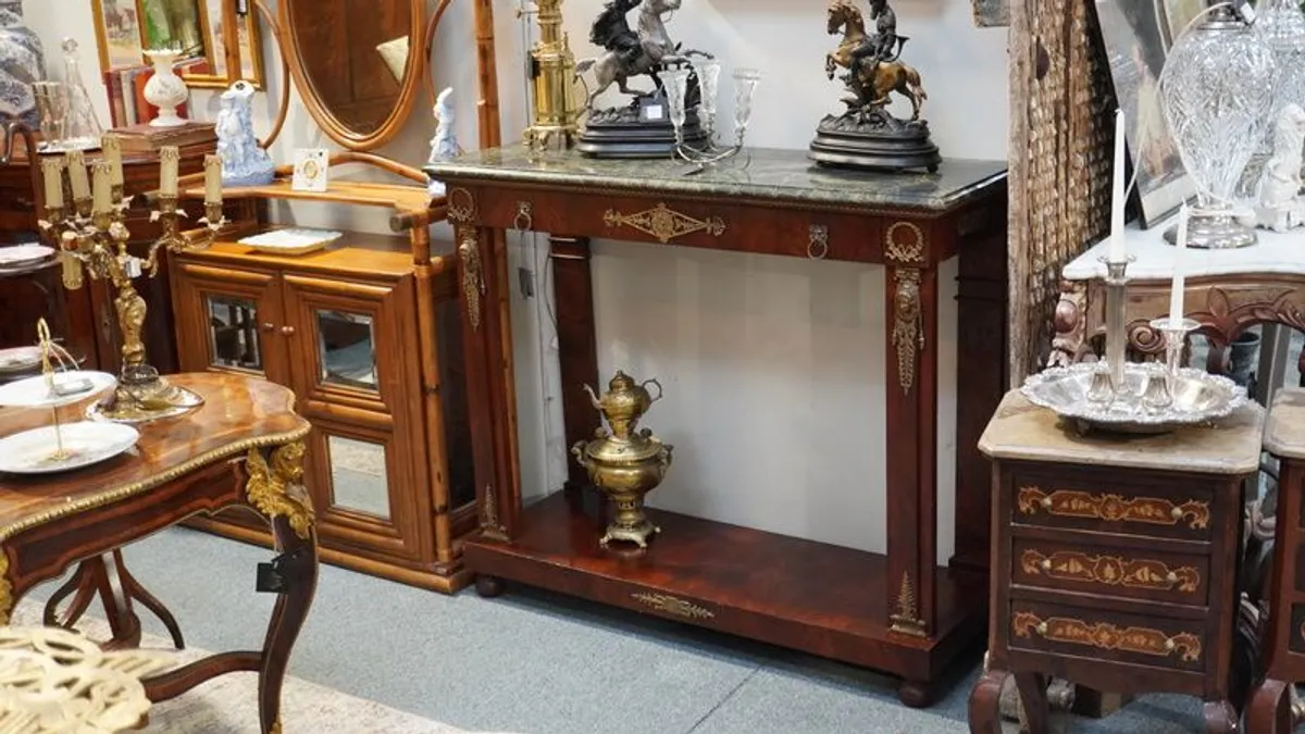 Elegant Spanish Empire-Style Console Table with Green Marble Top - Image 1