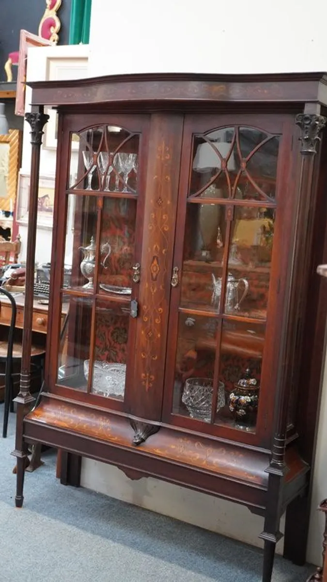 Antique English Mahogany Display Cabinet with Inlay, c. 1890-1900 - Image 2