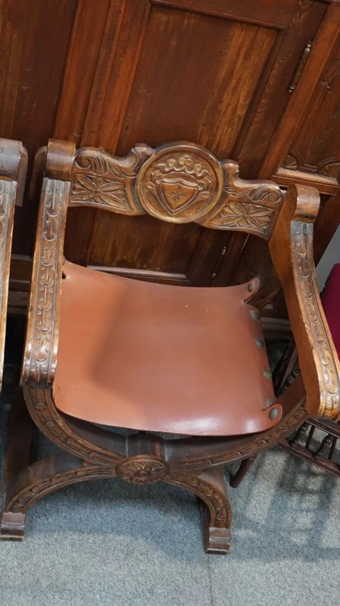 Pair of Antique Spanish Renaissance Revival X-Frame Chairs - Image 3