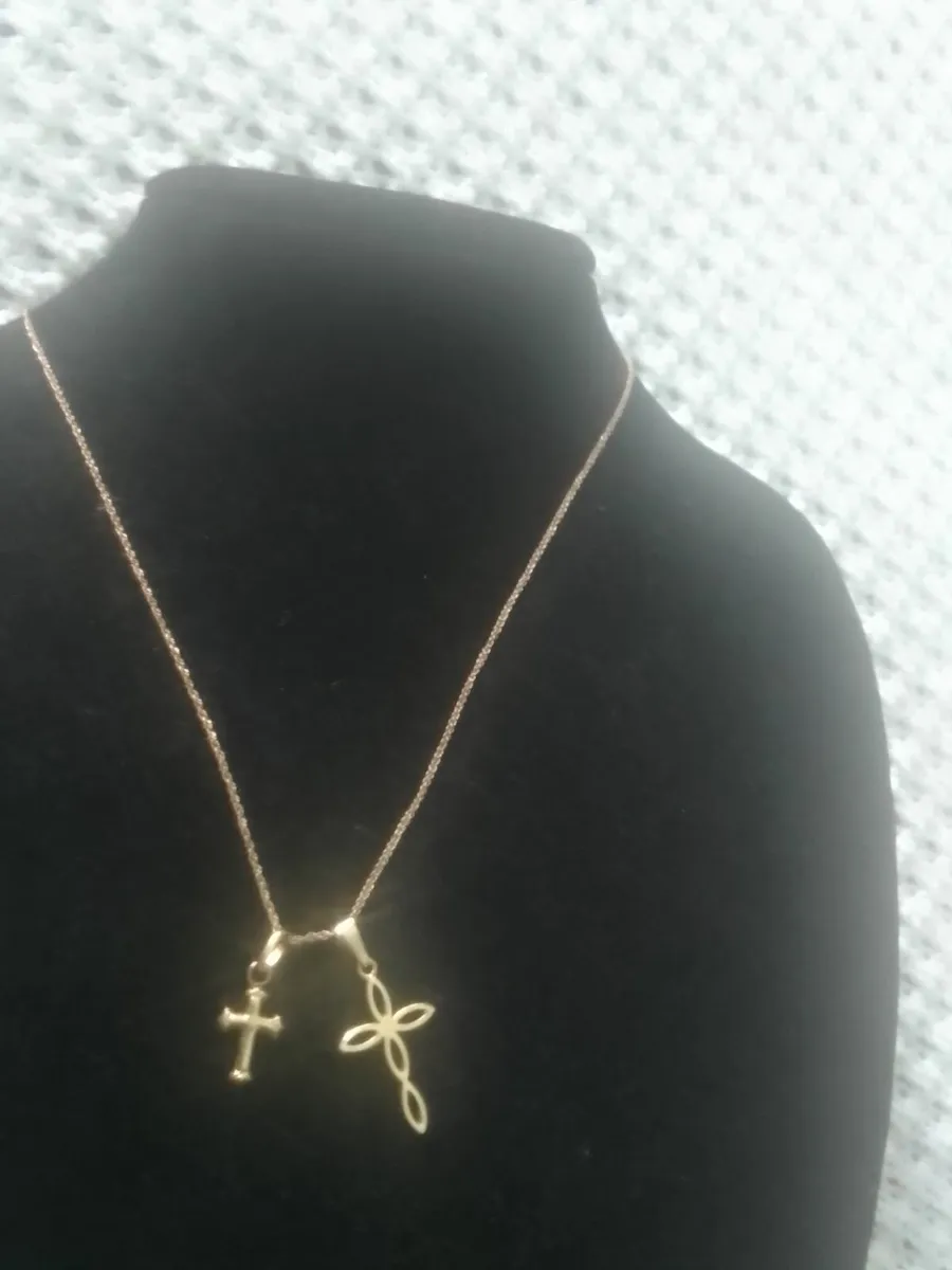 9ct GOLD DOUBLE CROSS PENDANT18 " AS NEW - Image 2