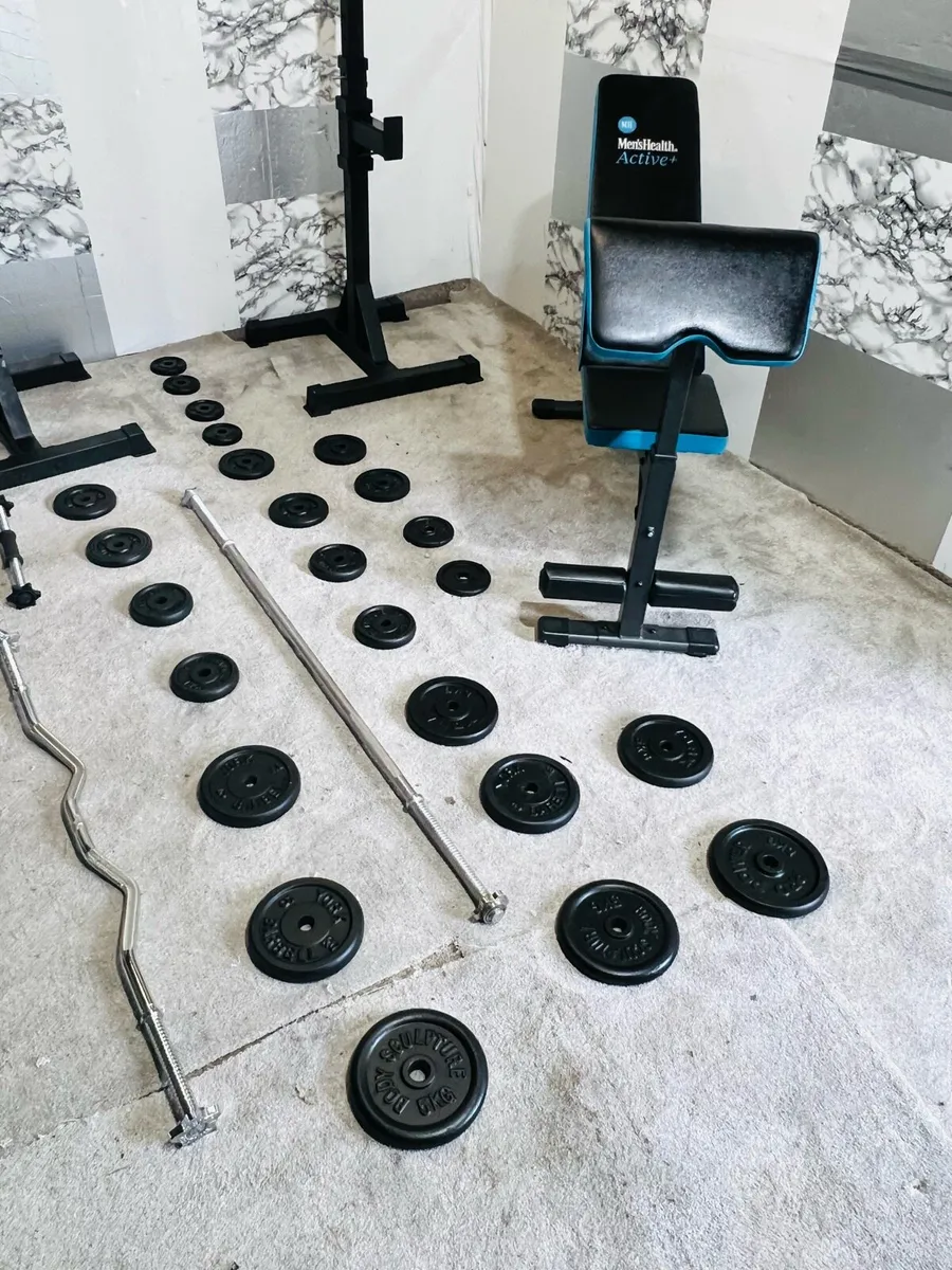 COMPLETE GYM SET CAST IRON WEIGHTS RACK BRNCH BARS - Image 2