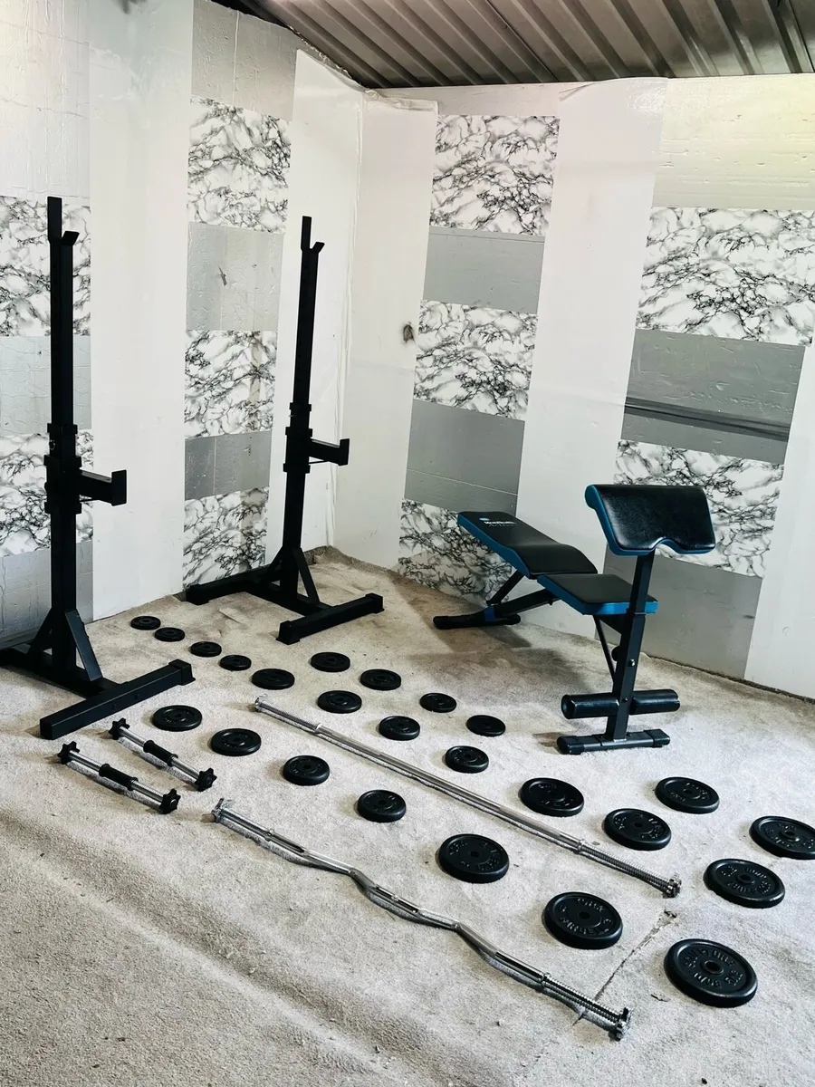 COMPLETE GYM SET CAST IRON WEIGHTS RACK BRNCH BARS - Image 3