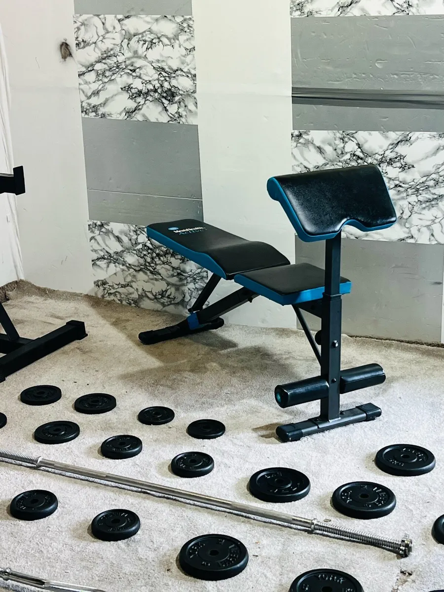 COMPLETE GYM SET CAST IRON WEIGHTS RACK BRNCH BARS - Image 4