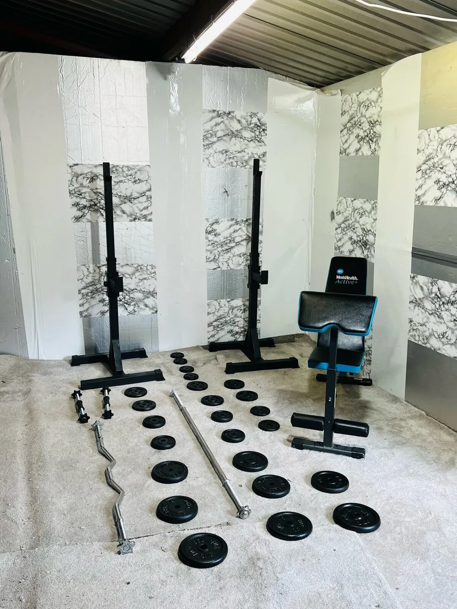 COMPLETE GYM SET CAST IRON WEIGHTS RACK BRNCH BARS - Image 1