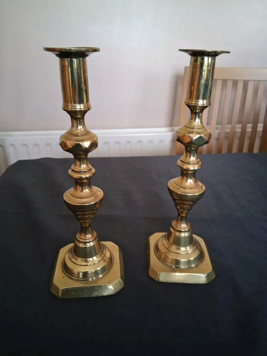 2 Tall Brass Candlestick Holders - Image 1