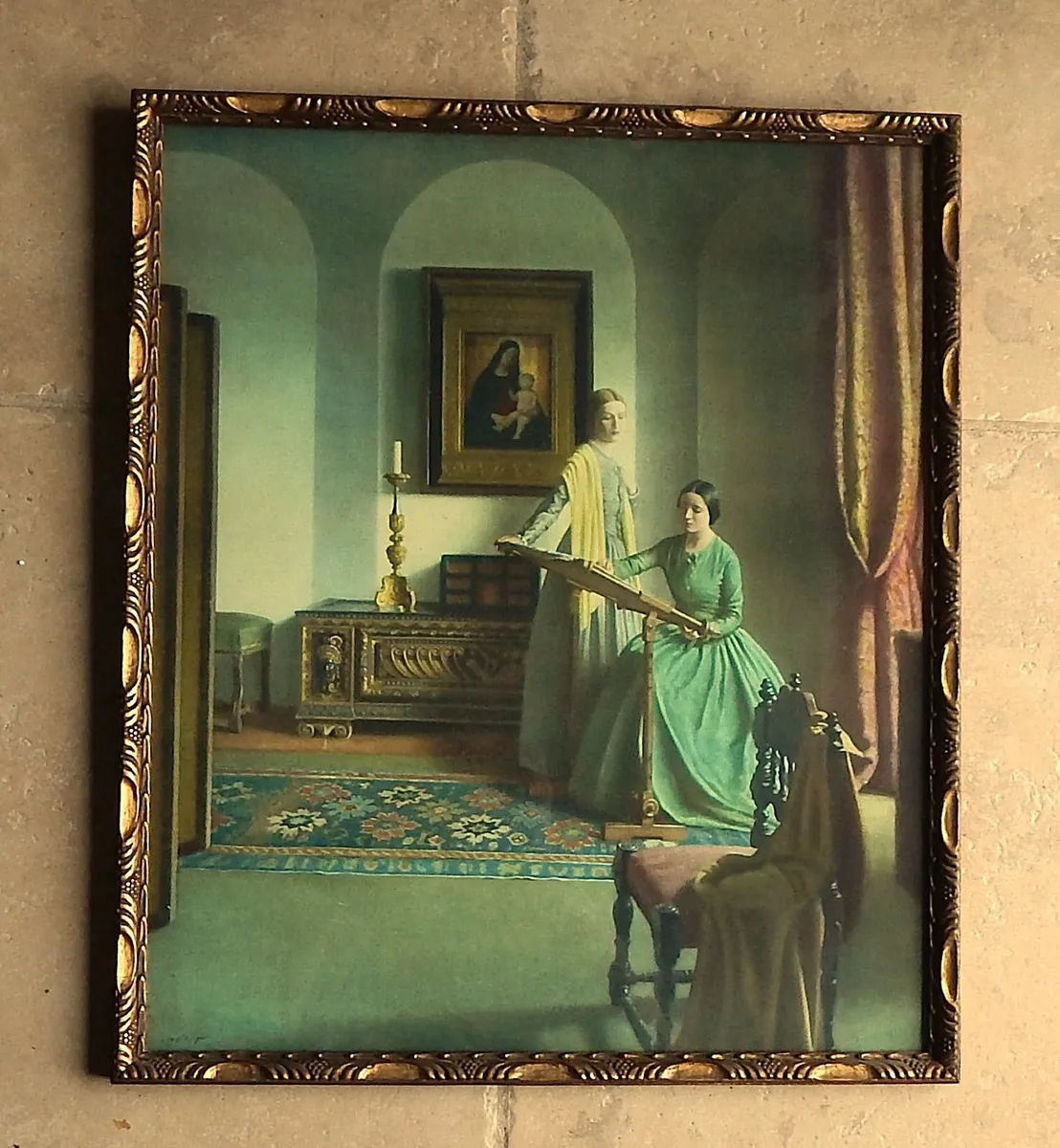 Large Vintage Print of The Sampler in Ornate Frame - Image 1