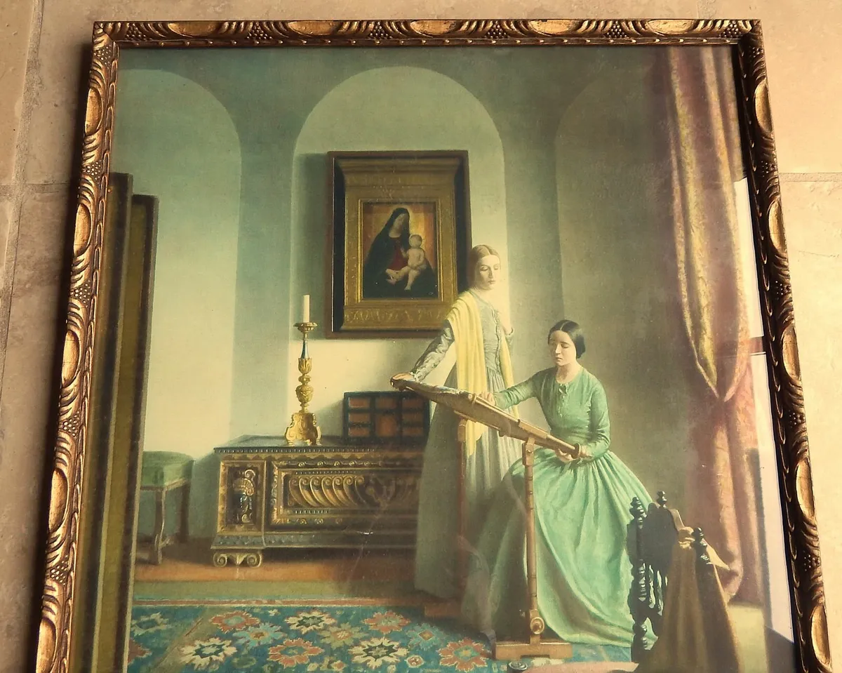 Large Vintage Print of The Sampler in Ornate Frame - Image 4