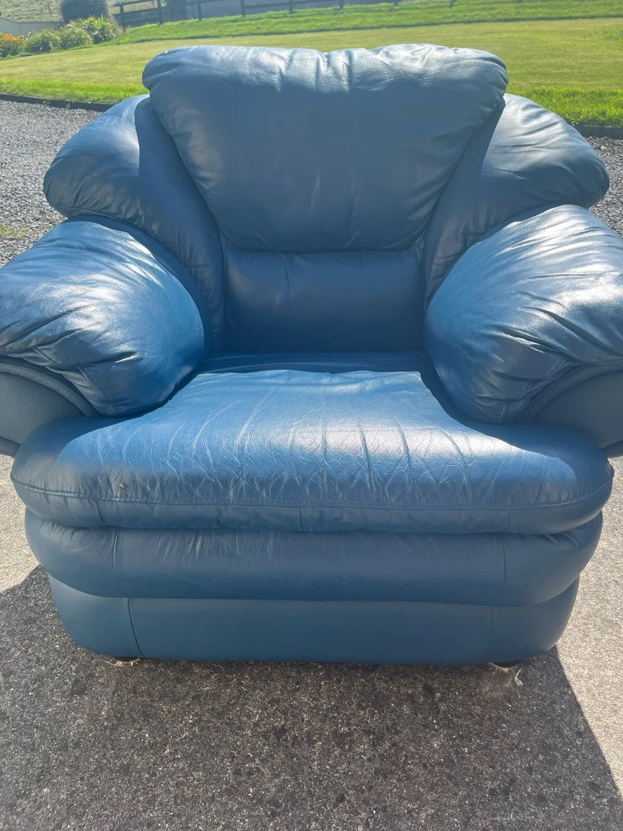 Two blue leather arm chairs - Image 1