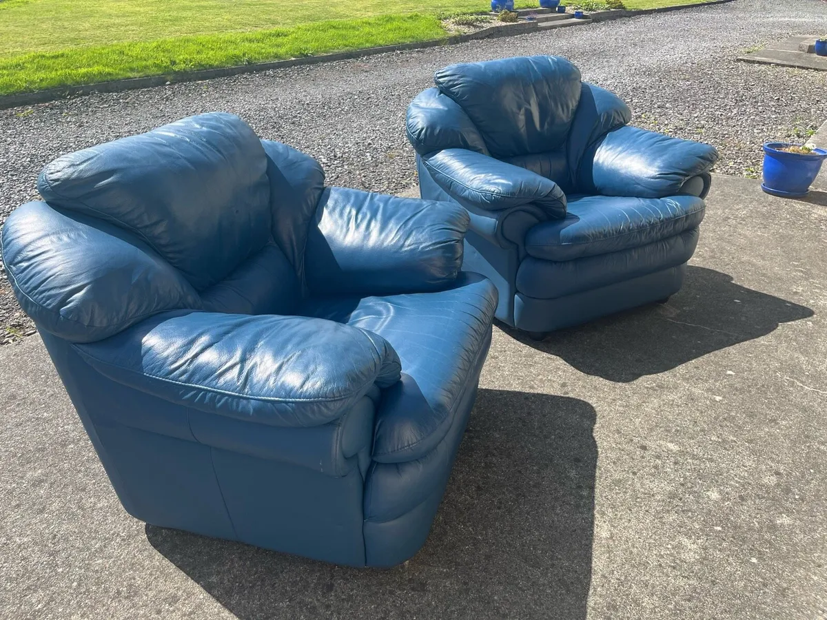 Two blue leather arm chairs - Image 2