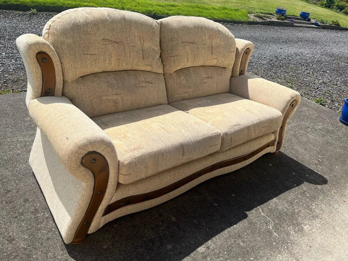 Two tan arm chairs and love seat set - Image 2
