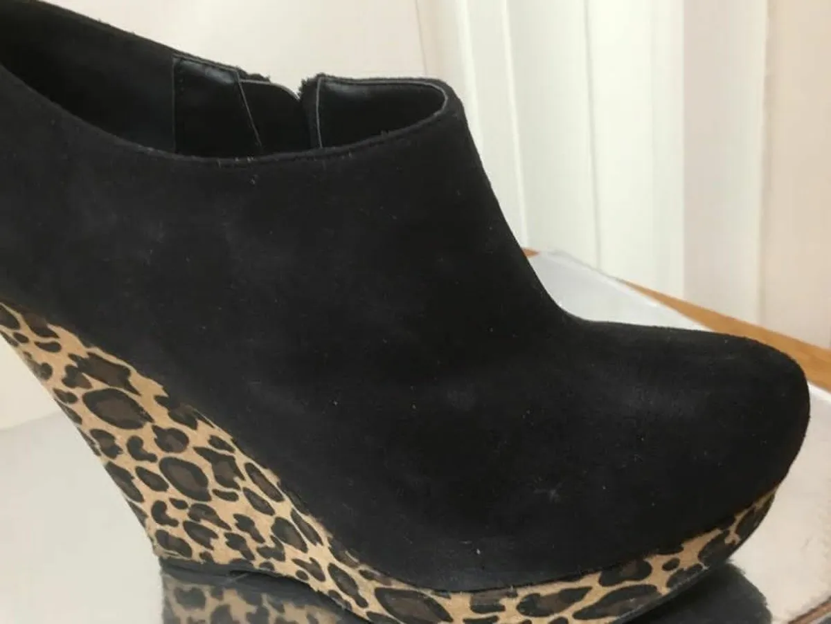 Black Suede/Leopard Wedge Heel Boots- Size 6 / 39 - Image 3