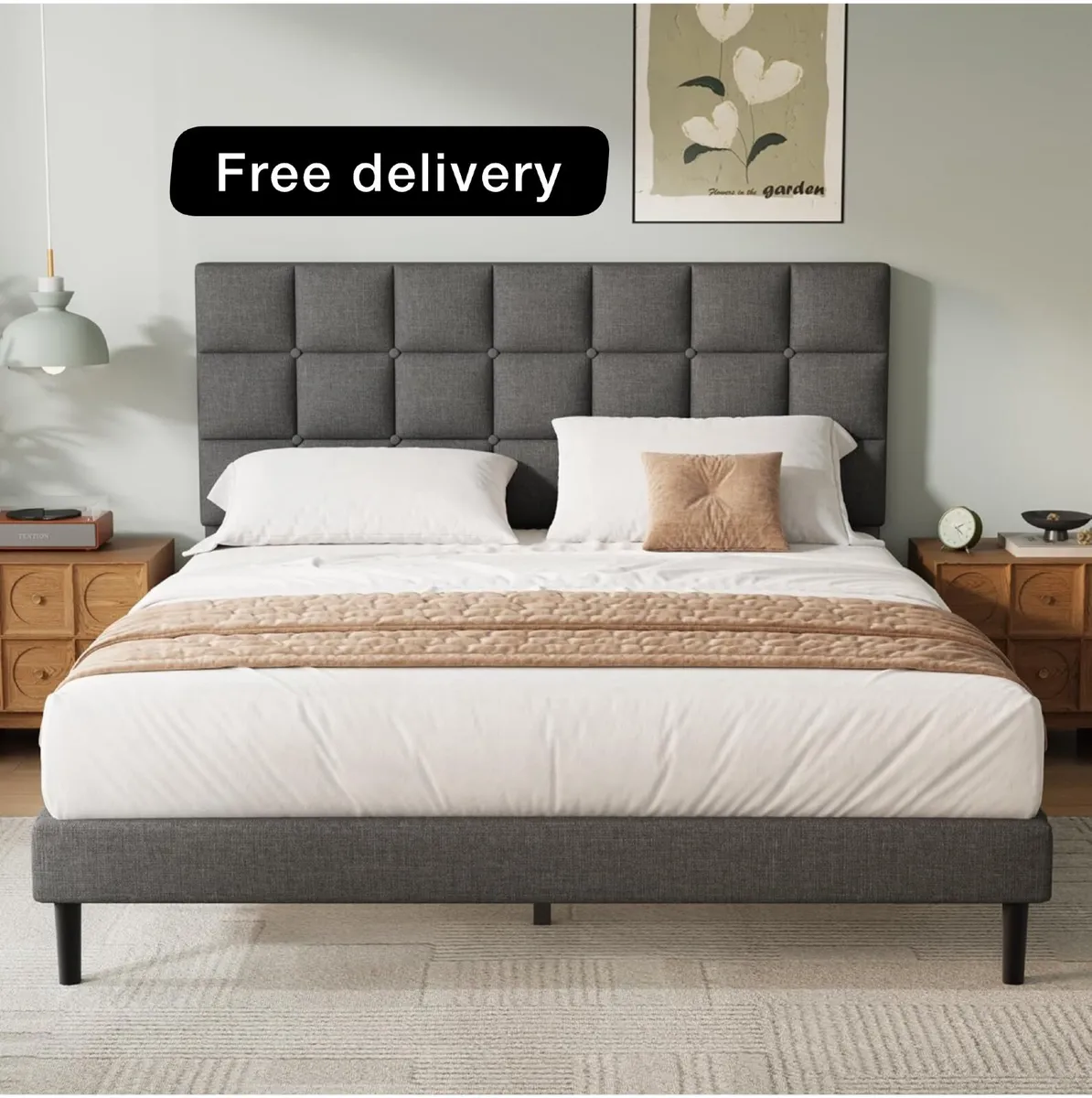 King Bed Frame, Easy Assembly, Sturdy Wooden Slat - Image 1