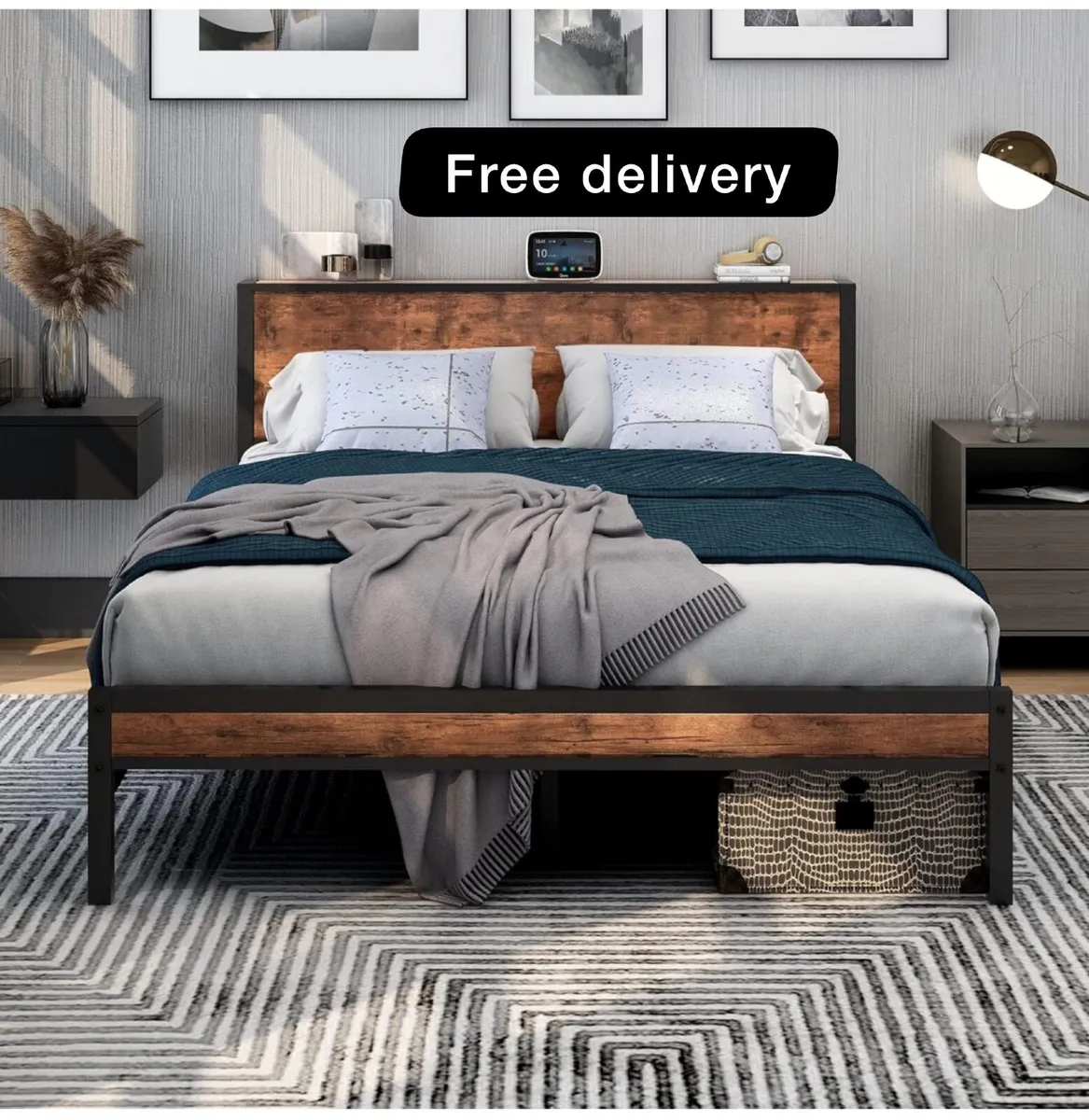 King Size Bed Frame with Storage Wooden Headboard - Image 1