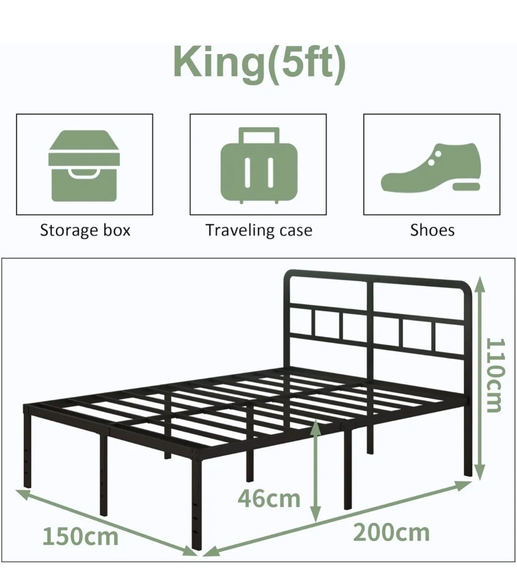 King Size Bed Frame 5ft with Curved Headboard, Hea - Image 1