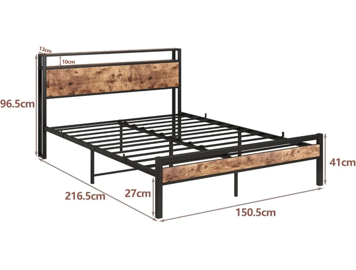 King Size Bed Frame with Storage Wooden Headboard, - Image 2