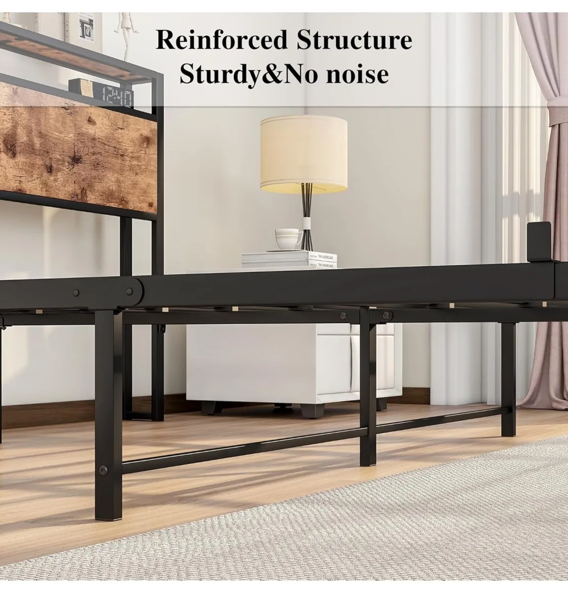 King Size Bed Frame with Storage Wooden Headboard, - Image 4