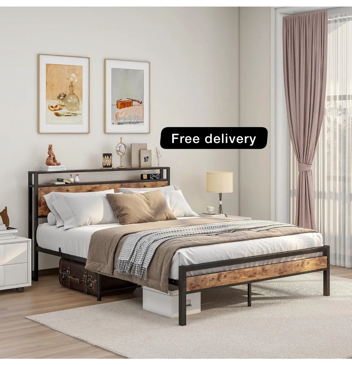 King Size Bed Frame with Storage Wooden Headboard, - Image 1