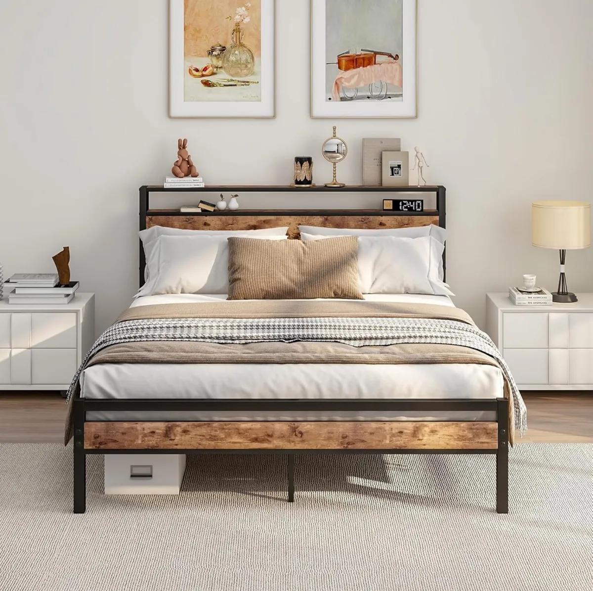 King Size Bed Frame with Storage Wooden Headboard, - Image 1
